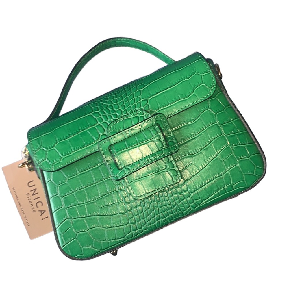 UNICA Green Made In‎ Italy Leather Tab Flap Croc Crossbody
